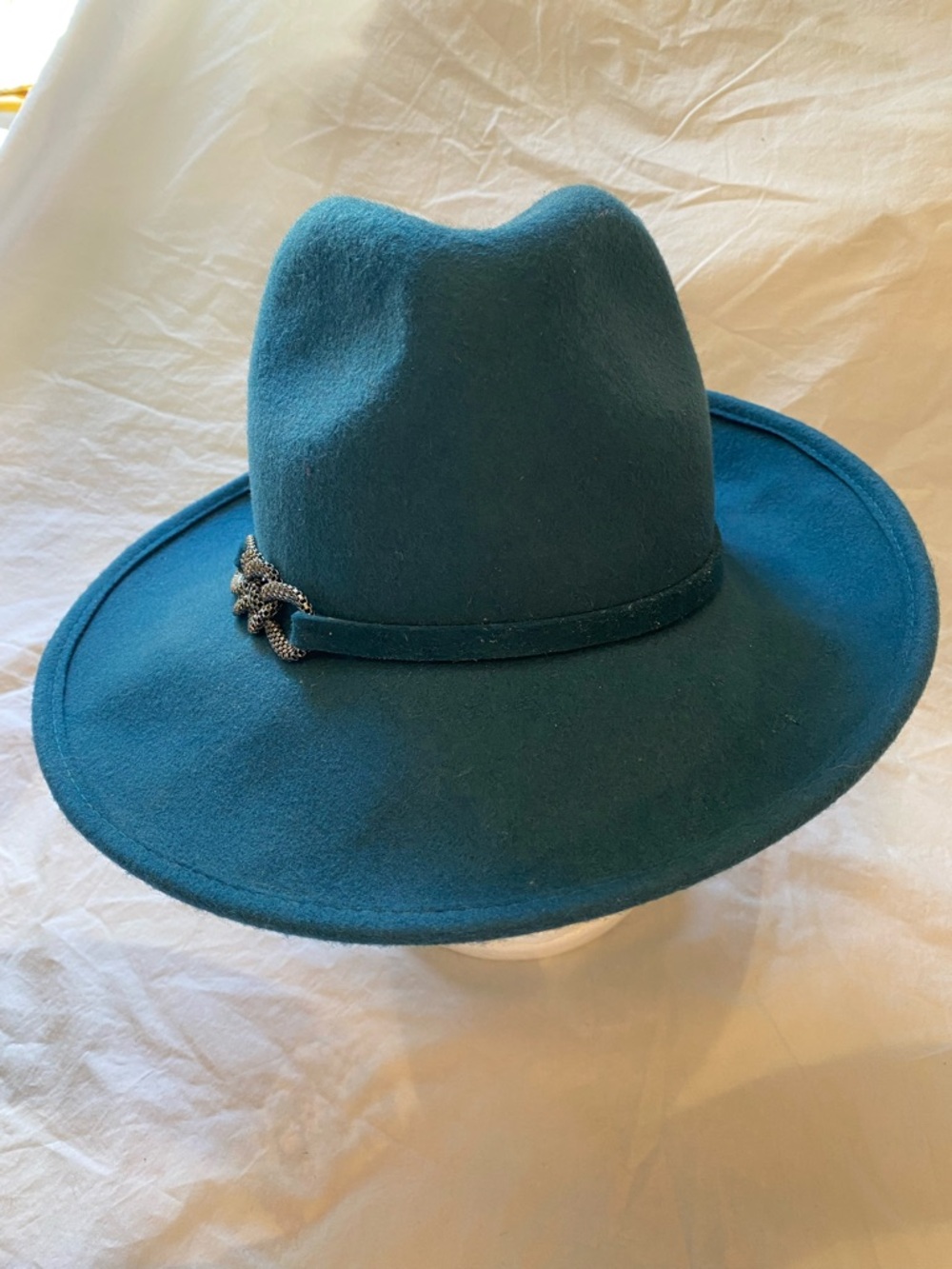 Teal Scala Adjustable Wool Felt Wide-Brim Fedora Hat with Chain Accent - Picture 3 of 5